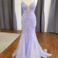 Mermaid Lavender Floral Lace Straps Long Prom Dress Y6092