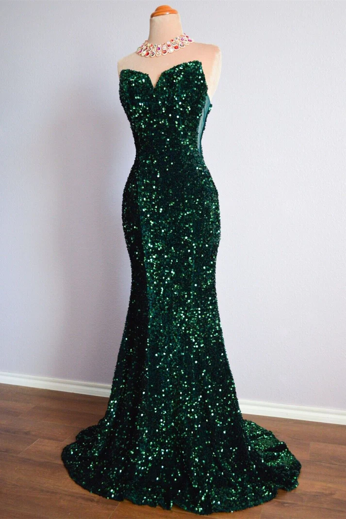 Peacock Green Mermaid Strapless Sparkly Lace-Up Long Formal Prom Dress Y4170