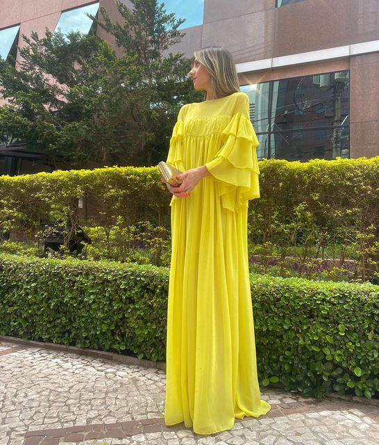 Modest Yellow Chiffon Maxi Dress,Yellow Wedding Guest Dress,Yellow Prom Dress Y4743