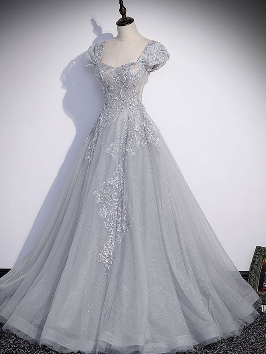 A-Line Gray Tulle Sequin Long Prom Dress, Gray Formal Evening Dress Y4733