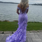 Pretty Off the Shoulder Mermaid Lilac Lace Floral Long Prom Dresses, High Slit Graduation Evening Dresses Y7848