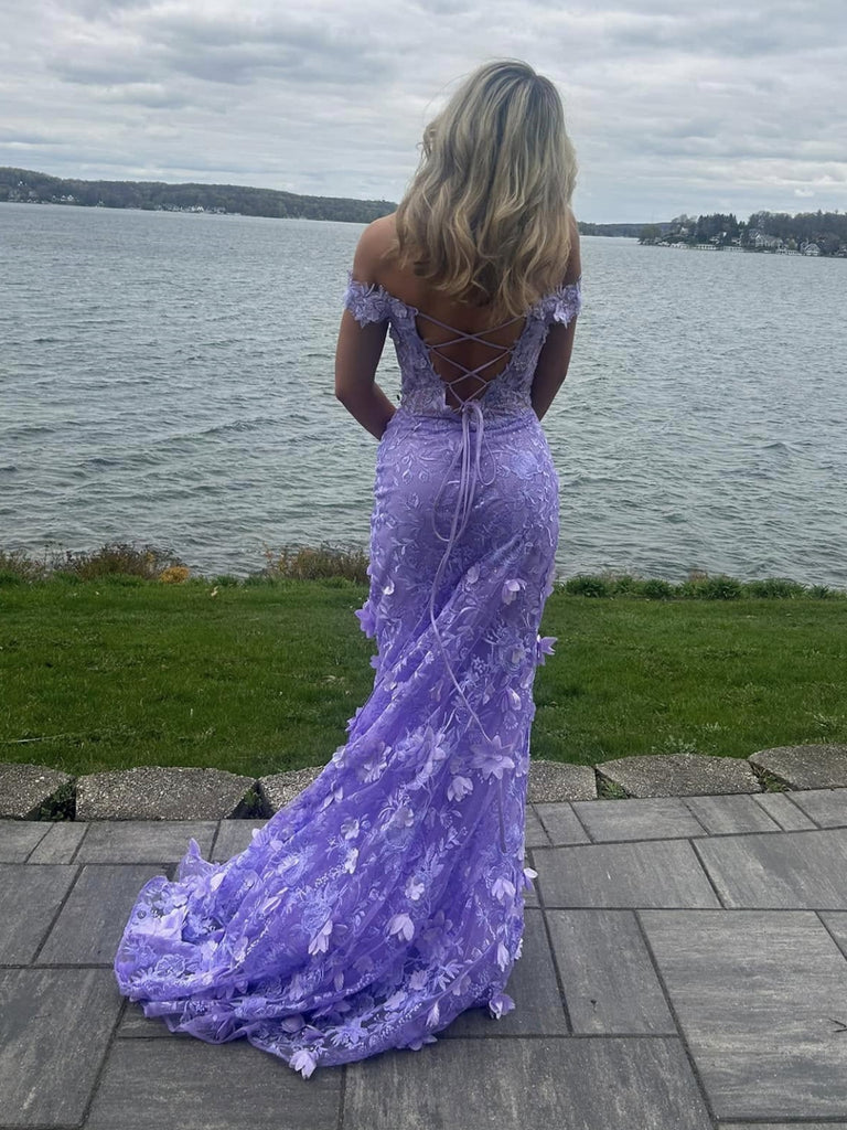 Pretty Off the Shoulder Mermaid Lilac Lace Floral Long Prom Dresses, High Slit Graduation Evening Dresses Y7848