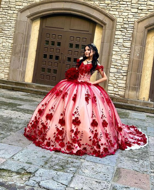 Custom Made 3D Flower Red Lace Quinceanera Dresses Off the Shoulder Ball Gown Y6956