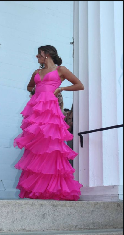 Newest A-line Spaghetti Straps V Neck Prom Dress,Tiered Dress Y1826