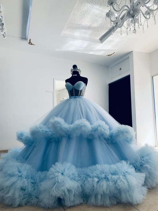 Extra Puffy Ball Dress Blue Ruffled Tulle Sweetheart Ball Gown Y4527
