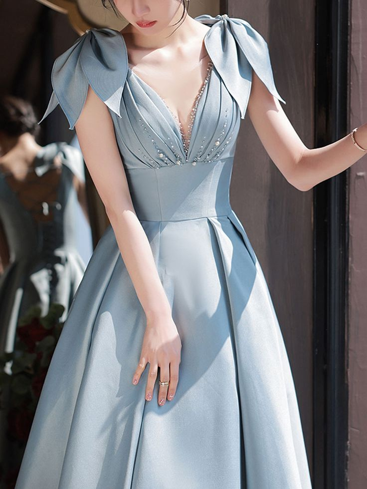 Blue V Neck Satin Long Prom Dress, Blue Satin Evening Dresses Y4780