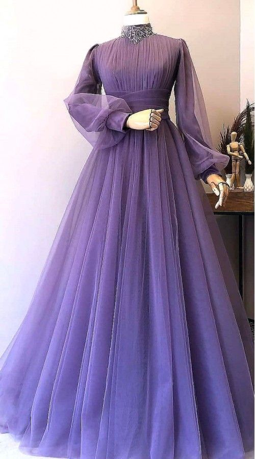 High Neck Vintage Prom Dresses Long Sleeve Muslim Beaded Lace Tulle Elegant Purple Prom Gown Y5845