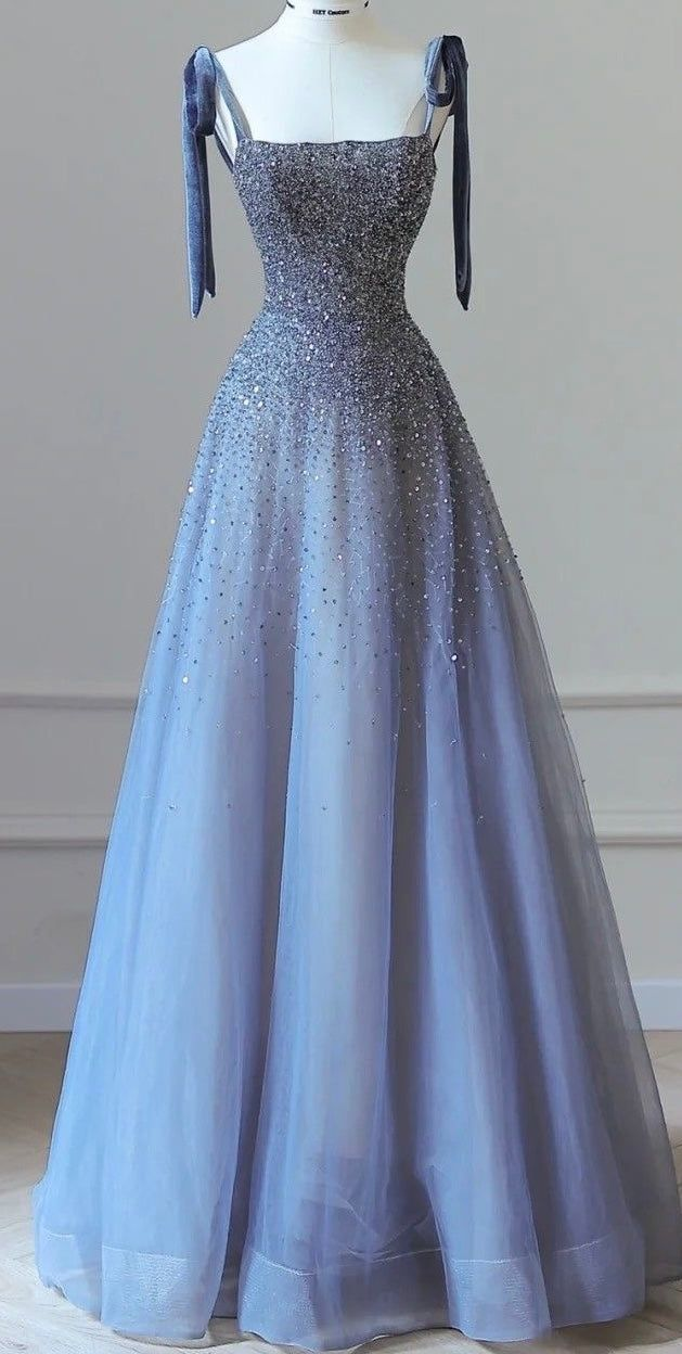 Luxurious Spaghetti-Strap Blue Tulle A-Line Prom Dress Pretty Evening Gown Y8040