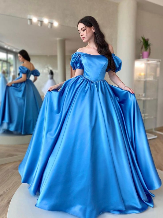 Blue Satin Long Prom Dress, A Line Long Graduation Dresses Y4600