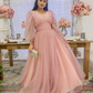 Modest Pink Tulle Prom Dress with Lantern Sleeves Y4774
