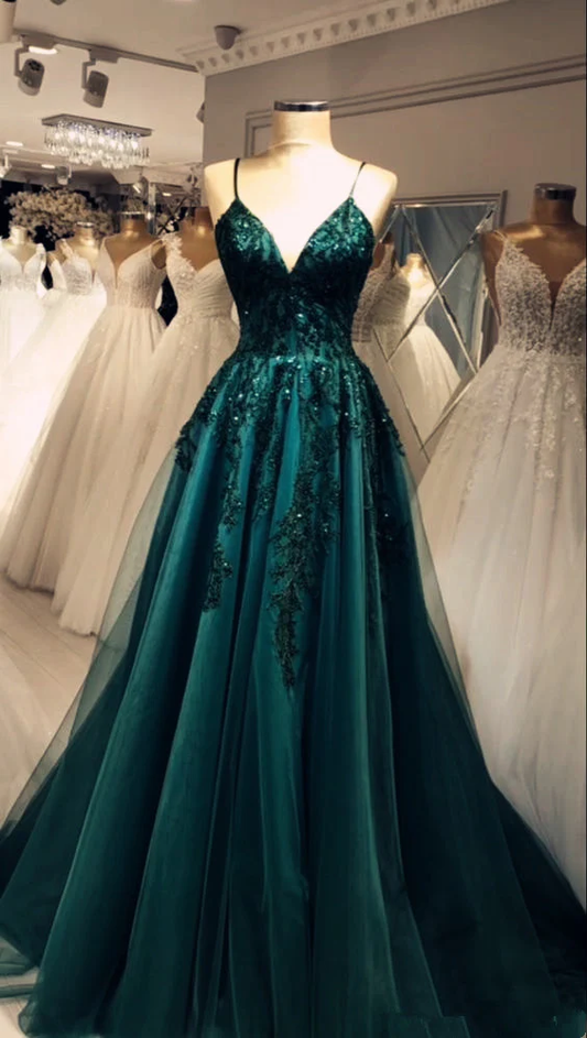 Beautiful Green Spaghetti Straps Tulle Lace Appliques Prom Dress Evening Gown Y7922