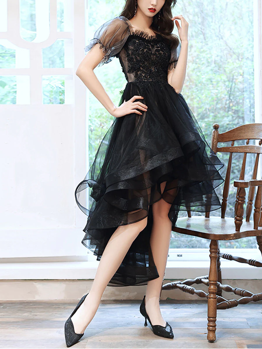 Black Sweetheart Tulle Lace High Low Prom Dress, Black Homecoming Dress Y5689