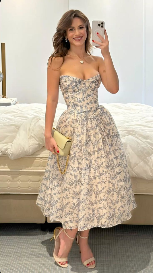 Elegant Strapless Print Floral A Line Prom Dress Evening Gown Y7806