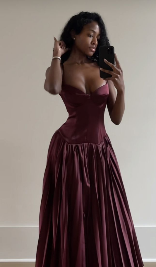 Vintage A Line Straps Burgundy Satin Long Prom Dress Evening Dress Y7994