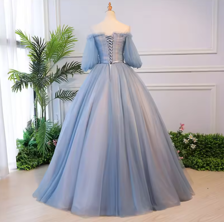 Unique blue tulle lace long prom dress, blue evening dress  S13770