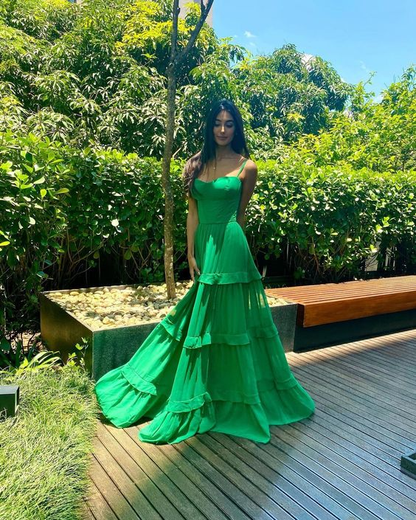 New Green Spaghetti Straps Long Prom Dress With Layers, Formal Gown Y4713