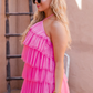 Layer Hem Backless Mesh Overlay Halter Dress,Pink Homecoming Dress Y2569