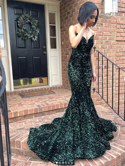 Sexy Mermaid Glitter Prom Dress Long Evening Gowns Dark Green Women Formal Dresses Y4329