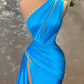 Sexy Blue One Shoulder Split Mermaid Prom Dress With Beads Y4354