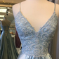 Light Blue Lace Lace-Up Back A-Line Prom Dress with Slit Y4655