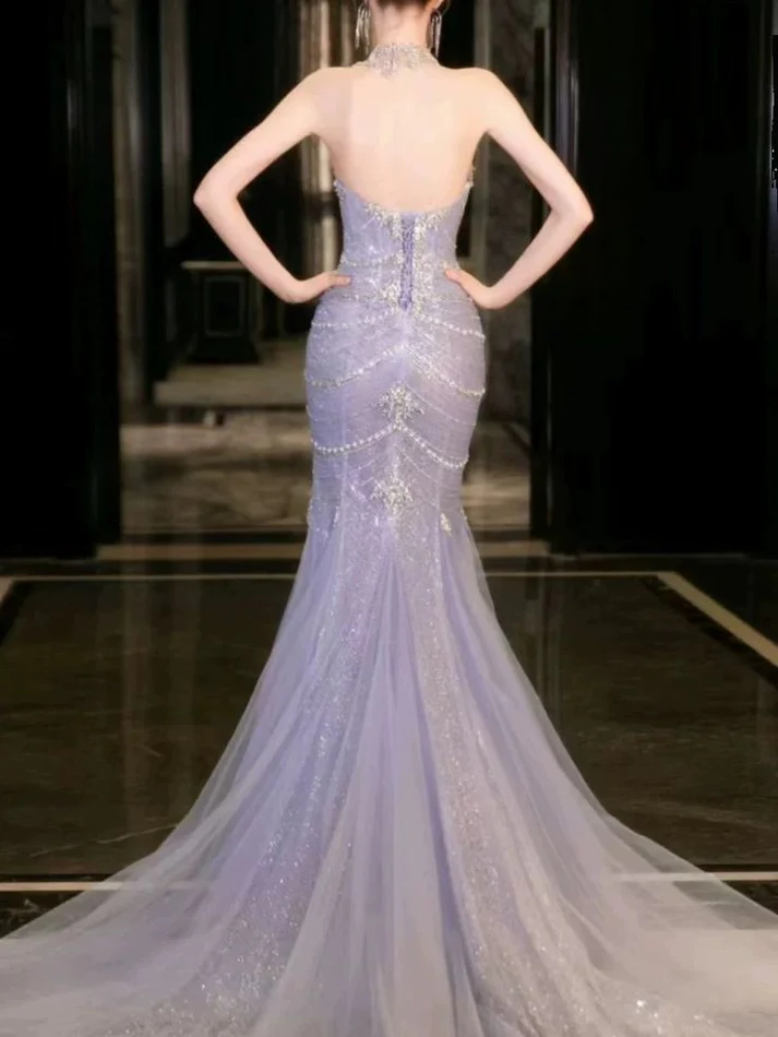 Gorgeous Lilac Tulle Beaded Wedding Prom Dress,Mermaid Evening Dress Y8057