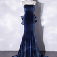 Mermaid Velvet Blue Long Prom Dresses, Blue Velvet Long Evening Dress Y4387