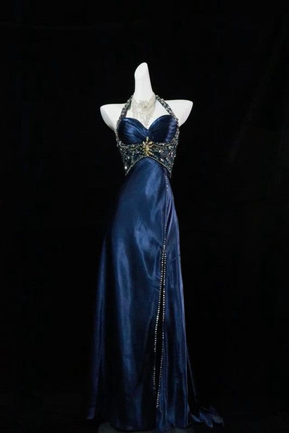 Luxury Navy Blue Beaded Slit Evening Dress Formal Prom Dress Y7723