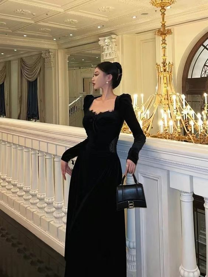 Elegant Black Long Sleeves A-line Prom Dress,Black Party Gown Y7083