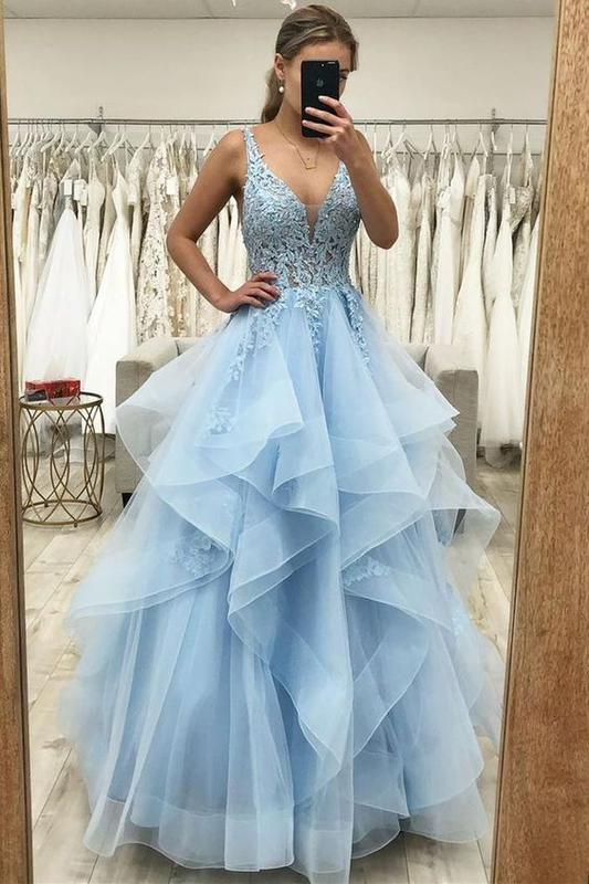 Princess Blue A-line Ruffles Long Prom Dress Y5624