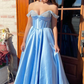Blue Beaded Off-the-Shoulder Empire Waist A-Line Prom Dress Y6273
