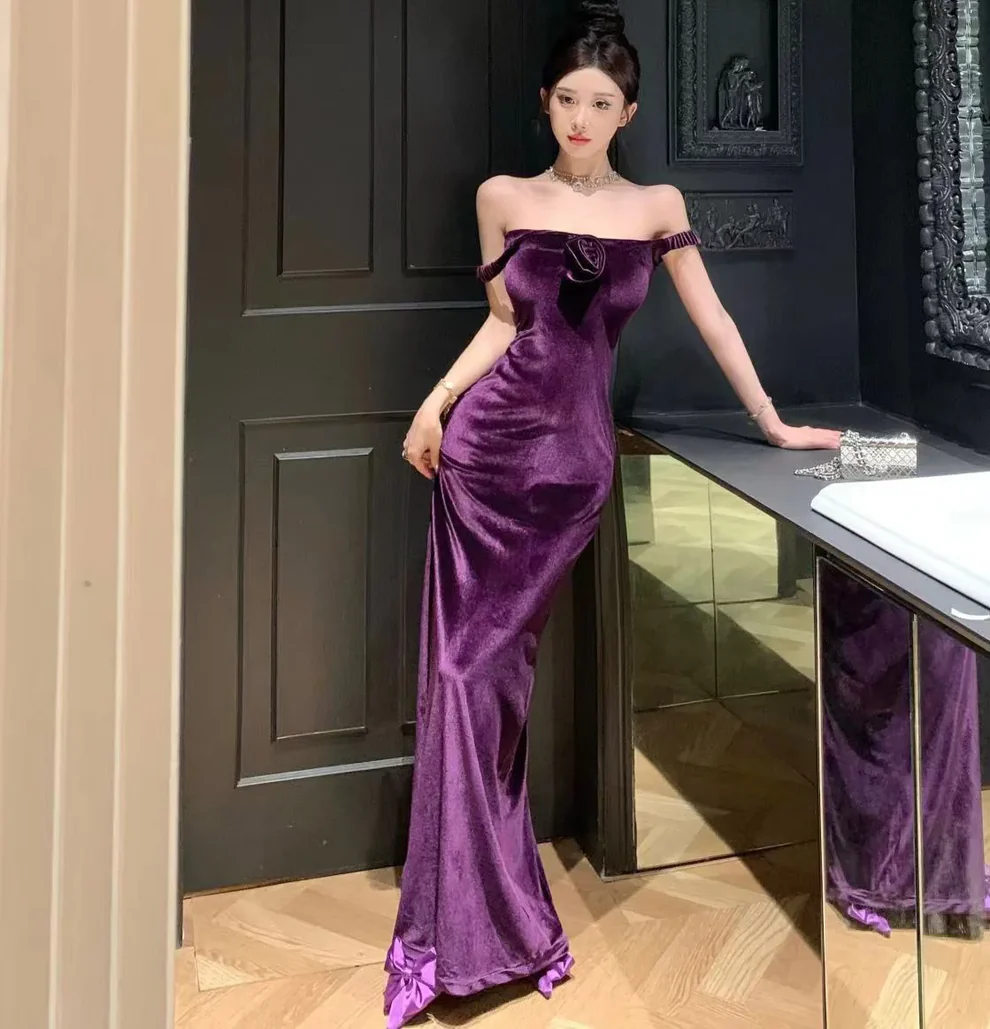 Elegant Velvet Long Sheath Prom Dress Purple Off Shoulder Slit Party Evening Gown Y8131