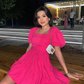 Vintage A-line Hot Pink Homecoming Dress with Puff Sleeves Y2680