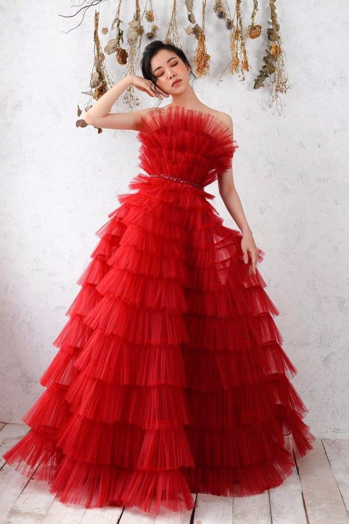 Red Tulle Long A line Ball Gown,Red Evening Dress Y3067