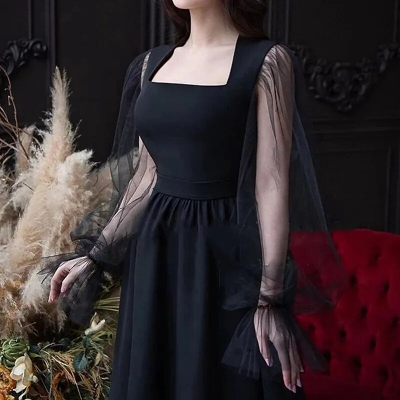 Elegant A-Line Long Sleeves Evening Dress Black Simple Square Collar Party Gowns For Women Y4557