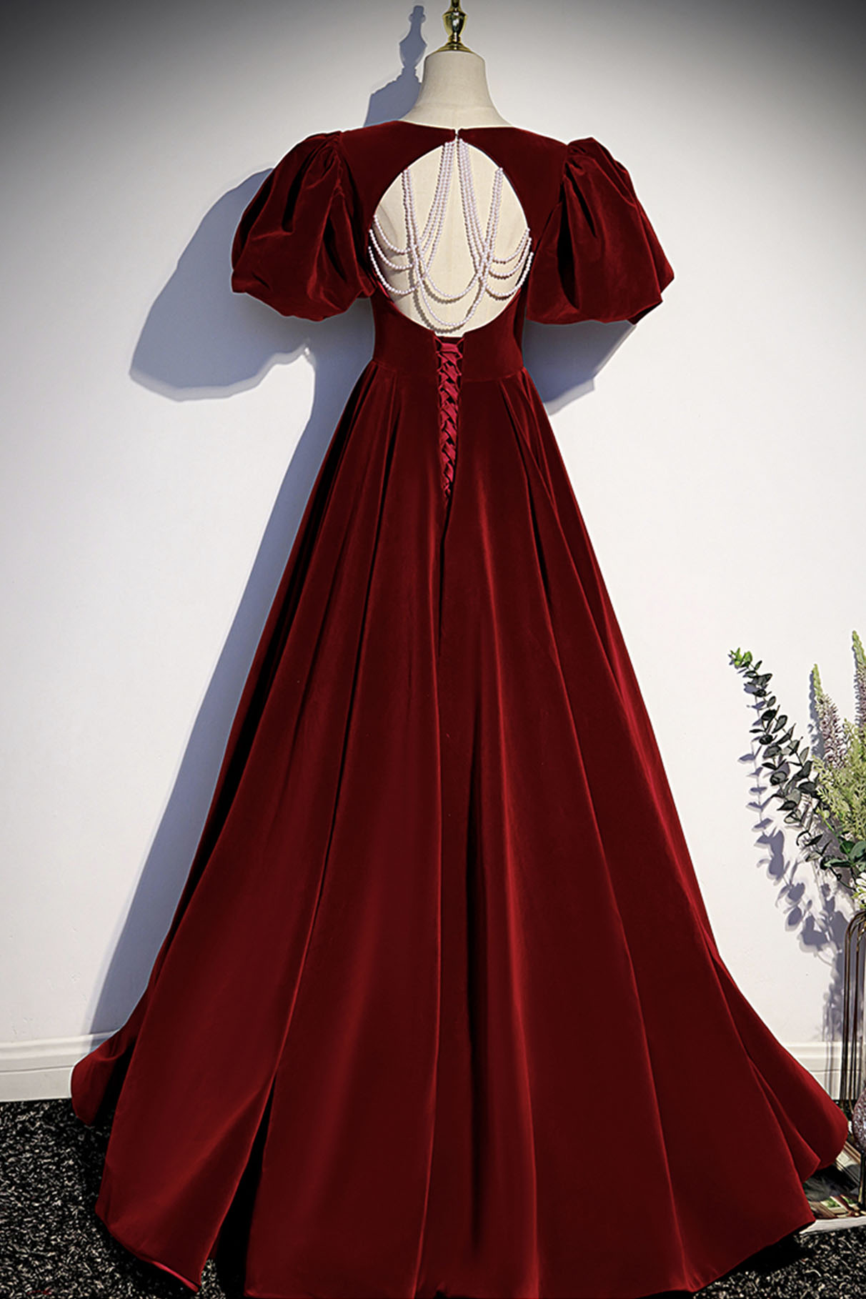Burgundy velvet long prom dress evening dress Y4539