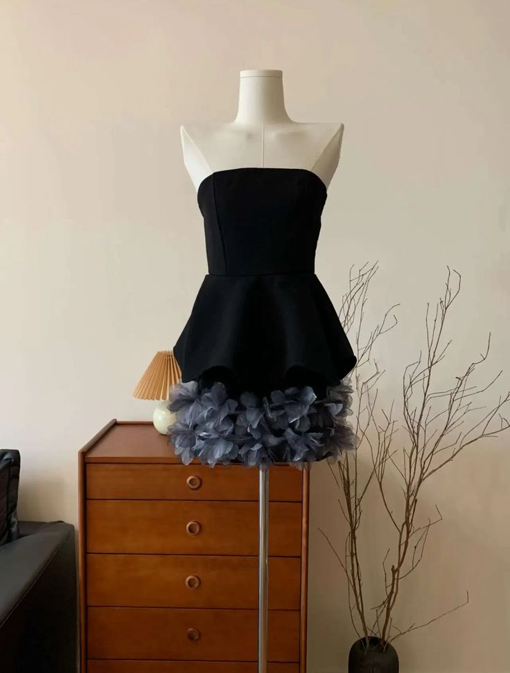 Black Strapless Tulle 3D Floral Cocktail Dress Strapless Homecoming Dress Y8105