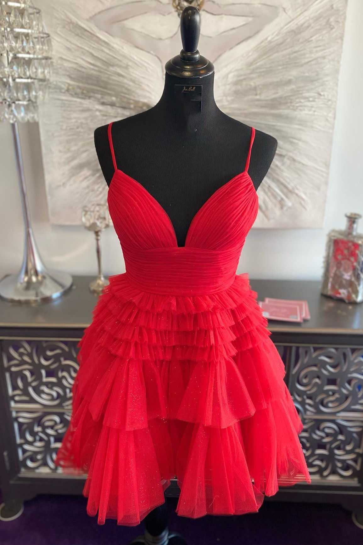 Multi-Tiered V-Neck Backless A-Line Short Party Dress,A-line Homecoming Dress Y2350