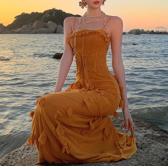 Unique Spaghetti Straps Orange Mermaid Evening Dress Formal Prom Dress Y7999