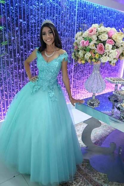 Charming A-line V Neck Tulle Appliques Prom Dress,Princess Dress Y6156