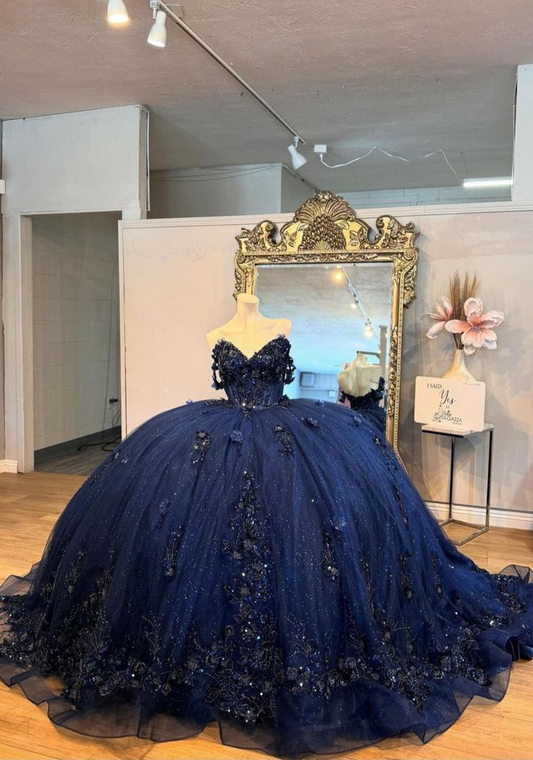 Beautiful Navy Blue Tulle Appliques Prom Dress Shiny Birthday Ball Gown Y7837