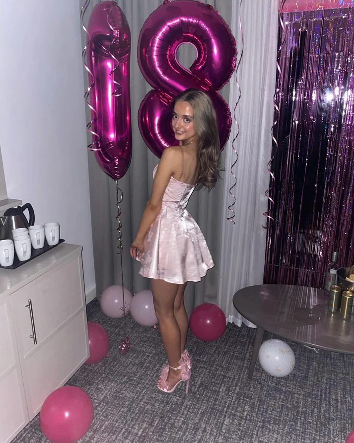 Cute Pink Satin Print Homecoming Dress Short Birthday Dress Y8059