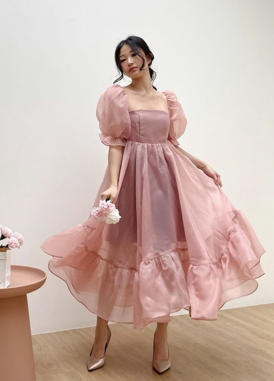 Blush Pink Baby Doll Puff Sleeves Dress, Pretty French Princess Dress,A-line Prom Dress  Y6254