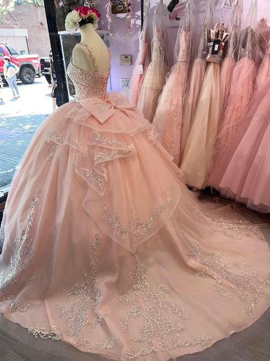 Charming Pink Applique Tulle Ball Gown,Pink Sweet 16 Dress Y5881