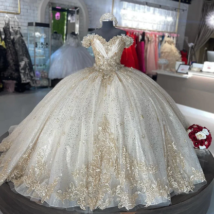 Sparkly Off Shoulder Champagne Quinceañera Dress Party Ball Gown Y2612
