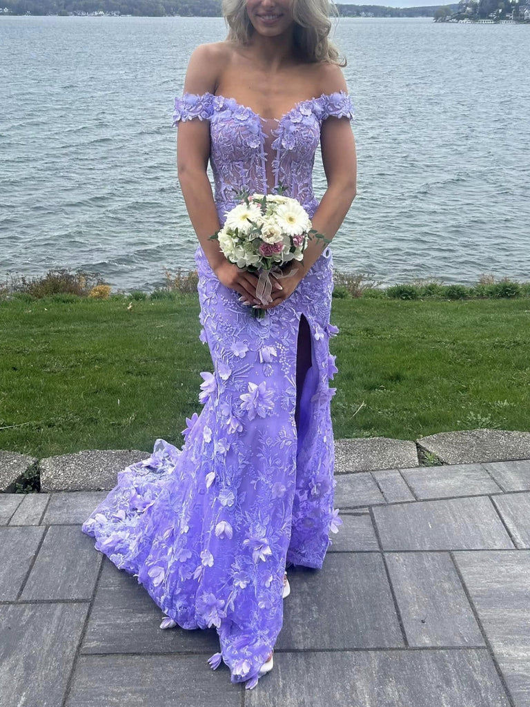 Pretty Off the Shoulder Mermaid Lilac Lace Floral Long Prom Dresses, High Slit Graduation Evening Dresses Y7848