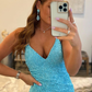 Spaghetti Straps Cyan Sequin Mermaid Prom Dress with Side Slit  Y7203