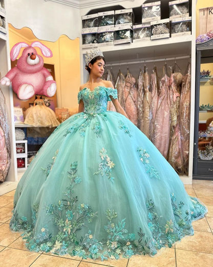 Puffy Quinceanera Dresses Ball Gown Off The Shoulder Appliques Flowers Mexican Sweet 16 Dresses Y2634