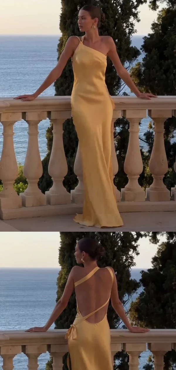 Classy One-shoulder Mermaid Yellow Satin Evening Prom Dress Y7870