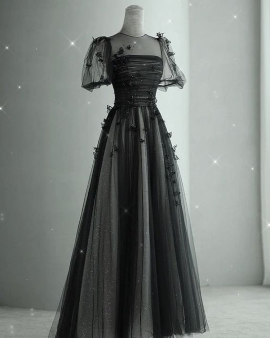 Elegant Black A-line Tulle Prom Dress,Puffy Sleeves Evening Dress  Y2037