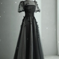 Elegant Black A-line Tulle Prom Dress,Puffy Sleeves Evening Dress  Y2037